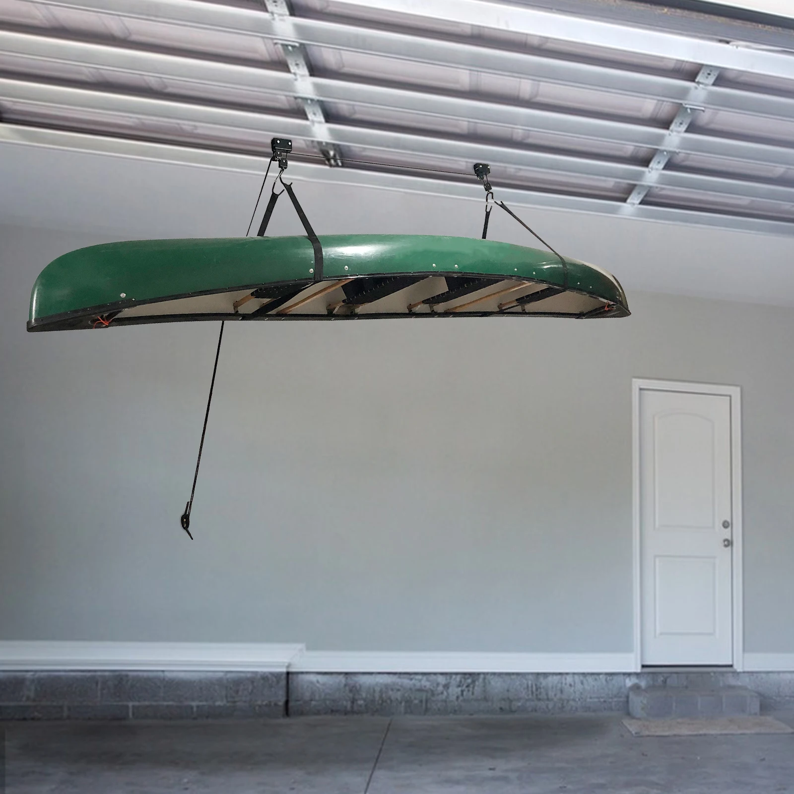 2 قطعة رافعة قوارب الكاياك والزورق، نظام بكرة تثبيت على سقف الدراجة، رافعة تخزين شديدة التحمل على المرآب، لقوارب الكاياك والزوارق