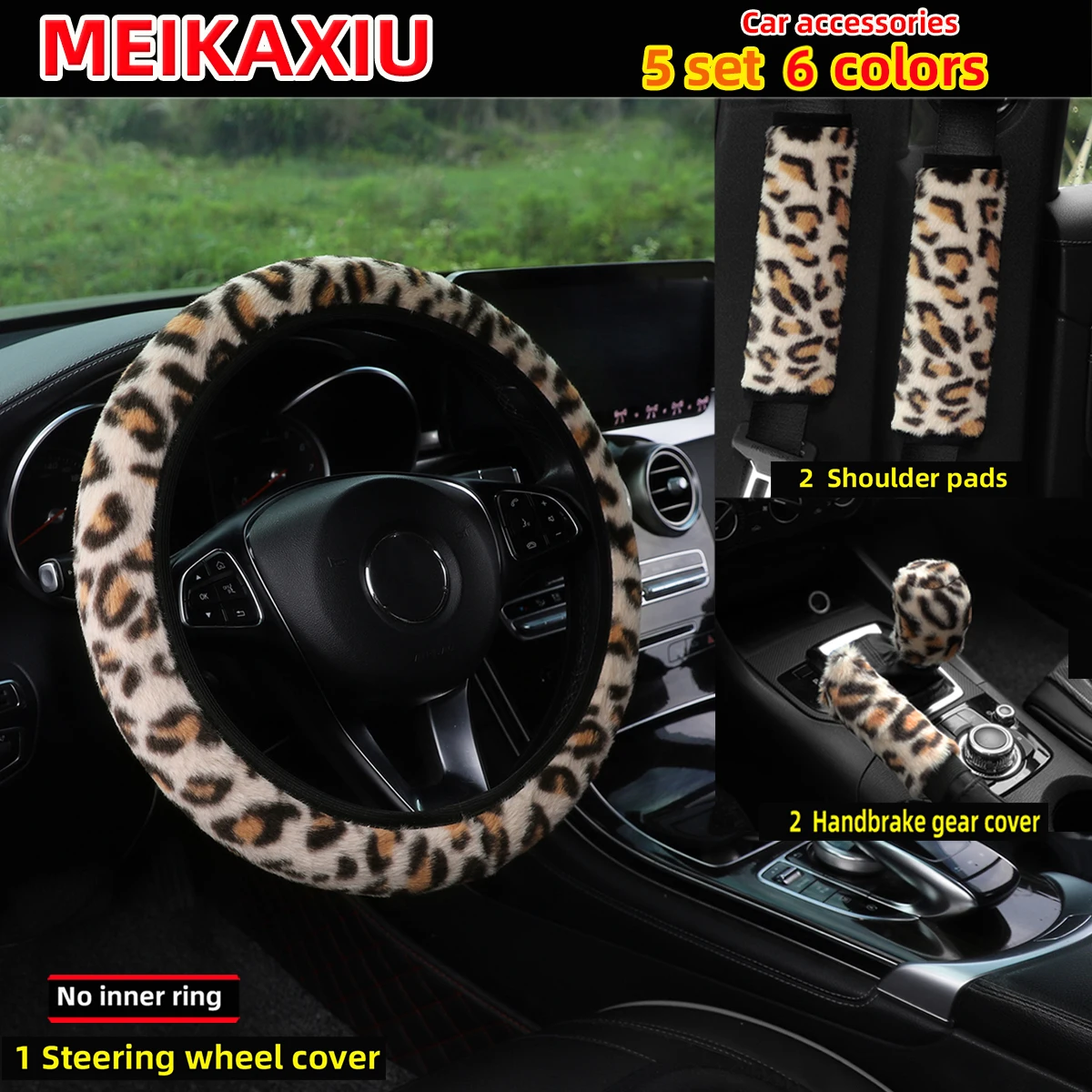 5-teiliges Set: Lenkradabdeckung mit Leopardenmuster, ohne Innenring, Schulterabdeckung, Schalthebelabdeckung, Auto-Dekoration für Damen – Detail 6
