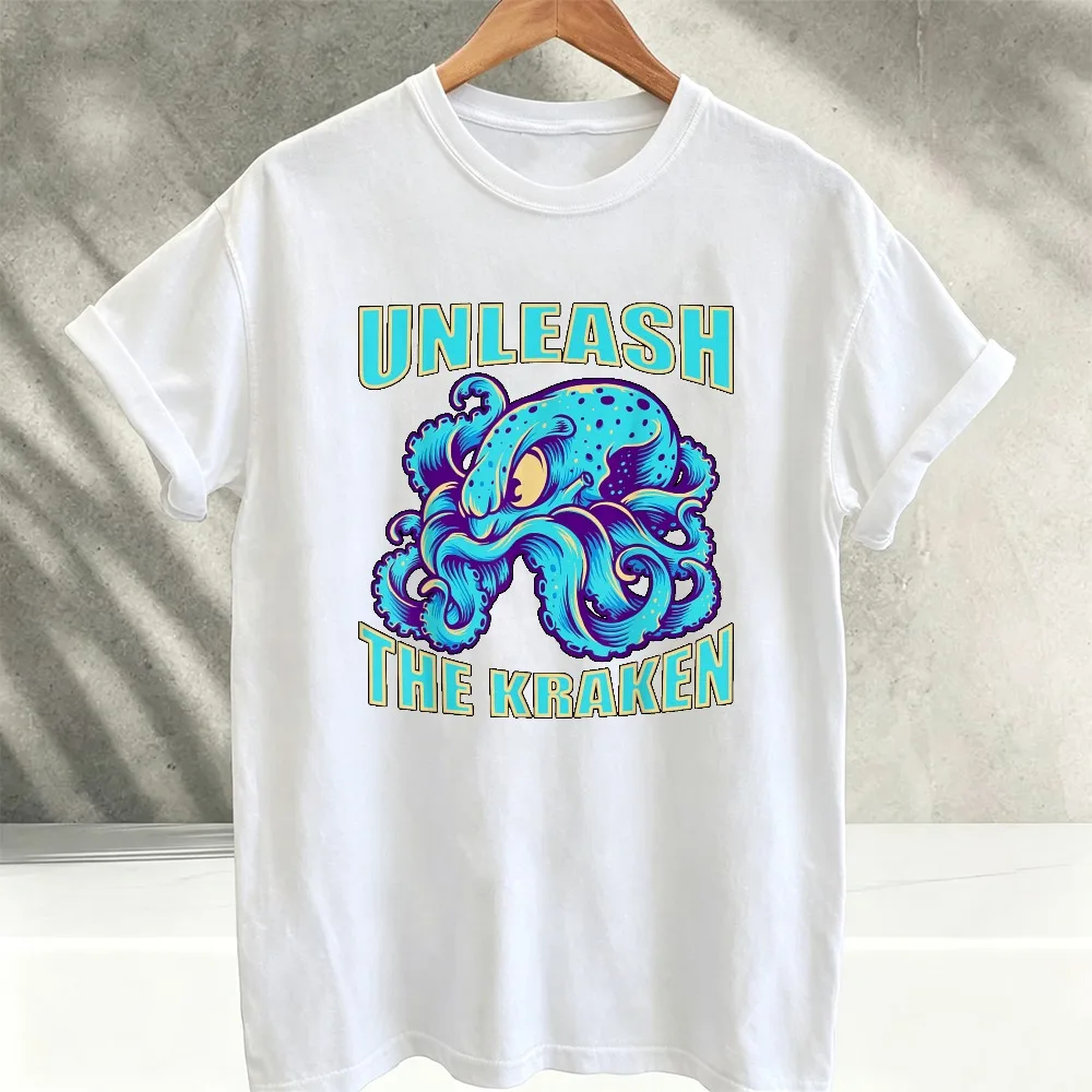 Unleash The Kraken Graphic T‑Shirt Men Women Vintage Sea Monster Octopus Print Crew Neck Short Sleeve Tees Cotton Casual Tops