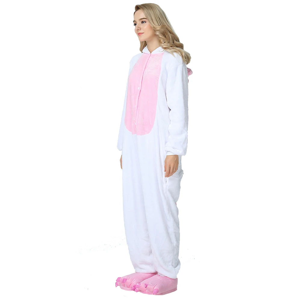 Pink and White Cartoon Animal Warm Hooded Pajamas Women Kigurumi Unicorn Cosplay Costume One-piece Sleepwear Adults Loungewear