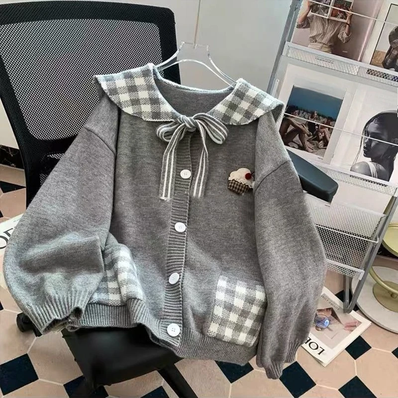 Retro Sweet Japanese Harajuku Knit Cardigan Women Kawaii Sweet Loose Partchwork Sweater Solid Color Soft Outerwear Daily