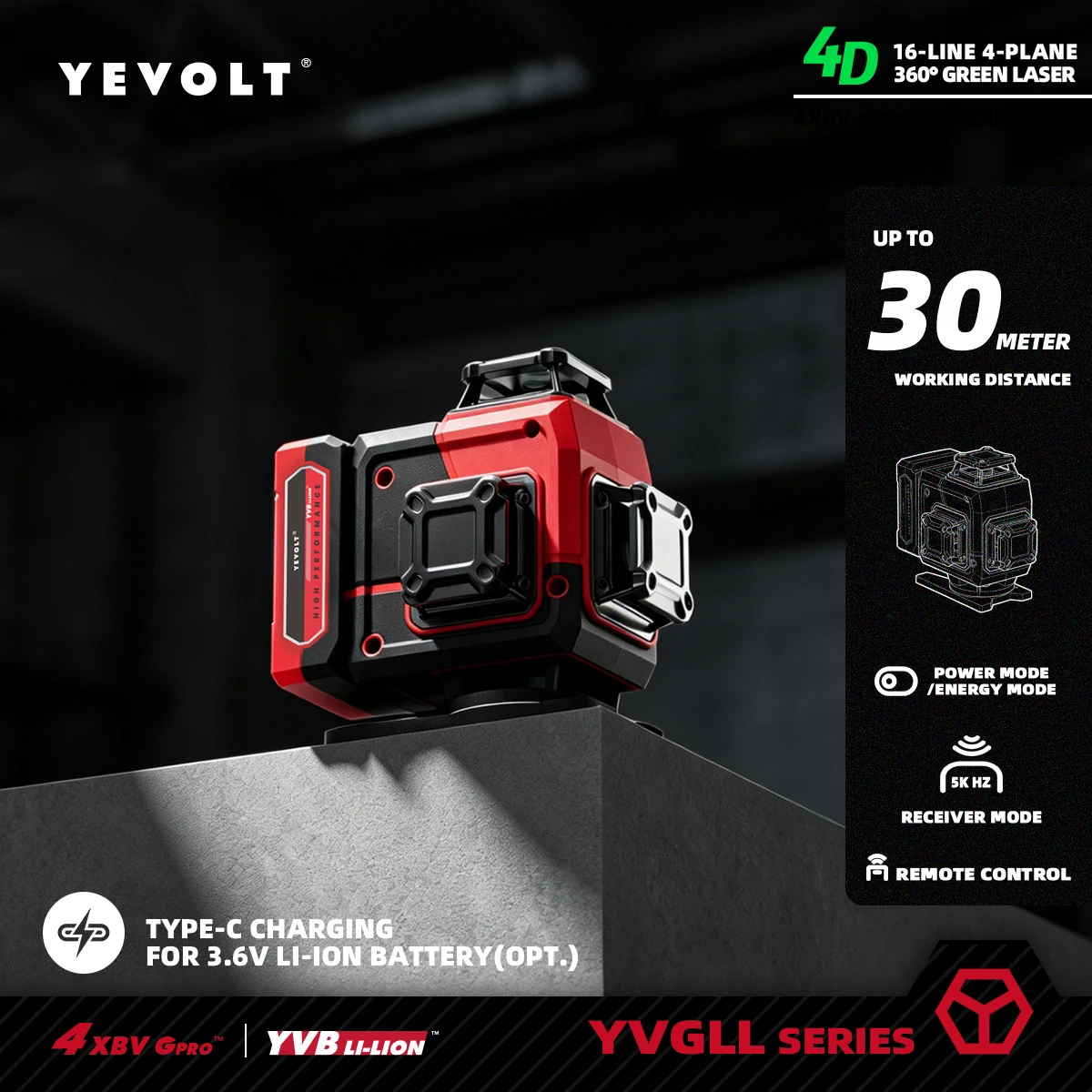 Niveau laser 4D YEVOLT 16 lignes 4x360 °   Outil laser auto-nivelant Green Cross à écran tactile 360° °   Base rotative en aluminium pour la pose de carreaux