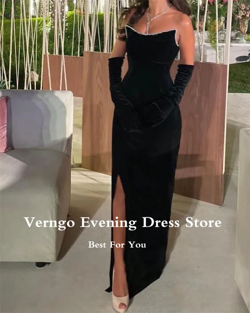 Verngo Simple A Line Velvet Long Evening Dresses Strapless Long Gloves Split Arabic Women Party Prom Gown Night Dress Customized