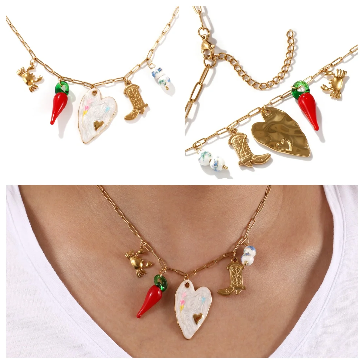

1PC Exquisite Stainless Steel Heart Crab Pendant Necklace For Women Jewelry 18K Real Gold Plated Paperclip Choker Gift 42cm