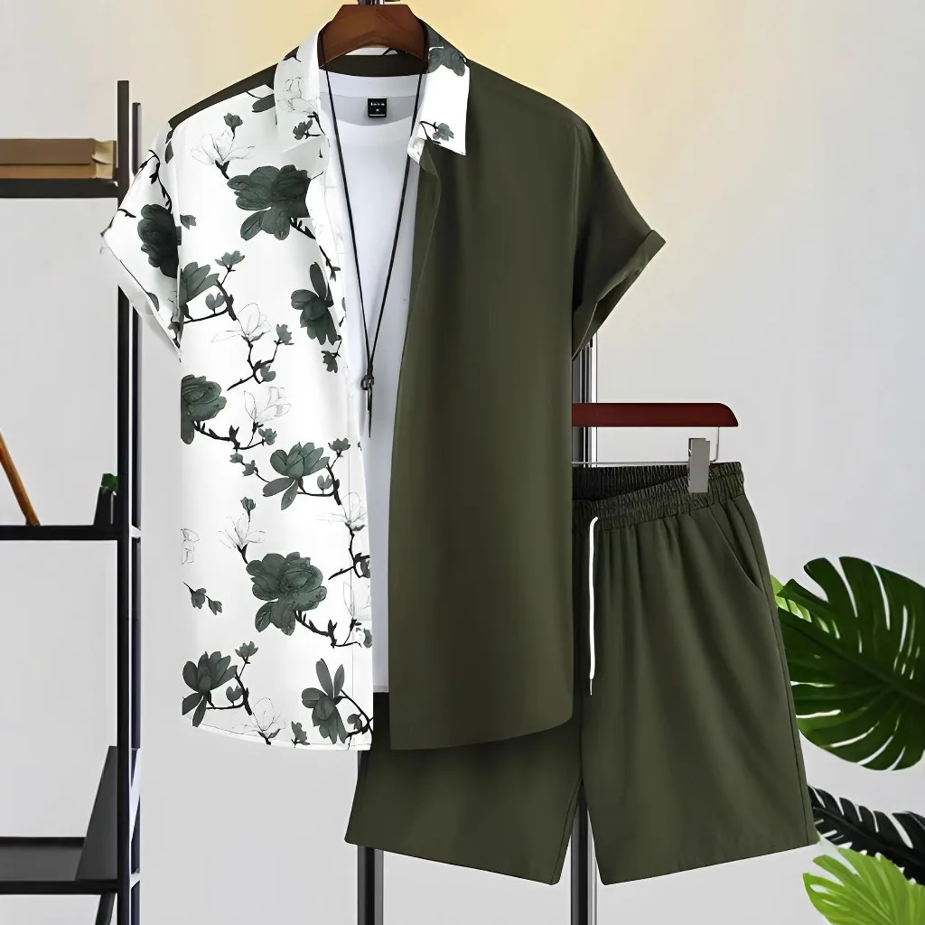 

2026 Short Sleeve Hipster 3D Printed Hawaiian Cross-border Shirt Short Sleeve Shorts Men's Suit