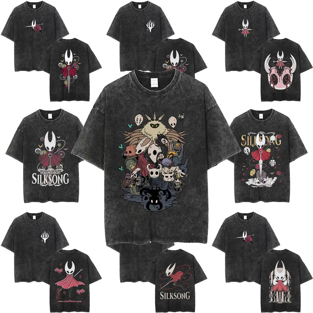 Washed Vintage Game Hollow Knight Graphic T-shirt Men Fashion Casual Oversized Short Sleeve T-shirts Unisex 100% Cotton T Shirts