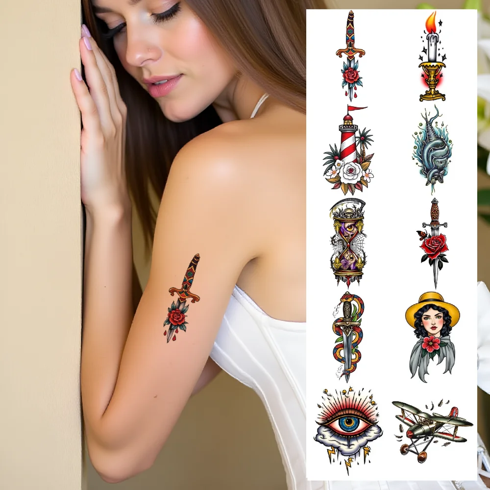 

28pcs Temporary Tattoo Sword And Rose Temporary Tattoo Stickers Mystic Woman With Crystal Ball Ship And Eagle For Shoulders