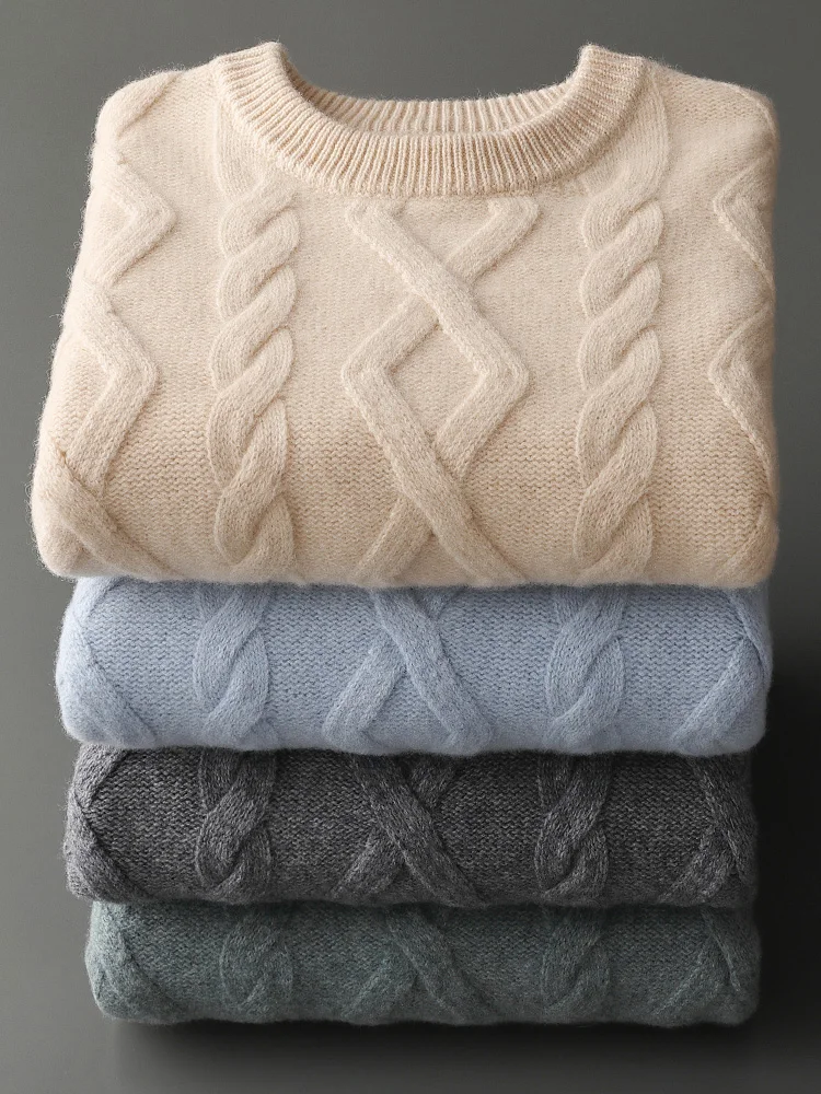 100% Merino Wool Men's Round Neck Thickened Autumn Winter Warm Casual Fashionable Knitted Sweater