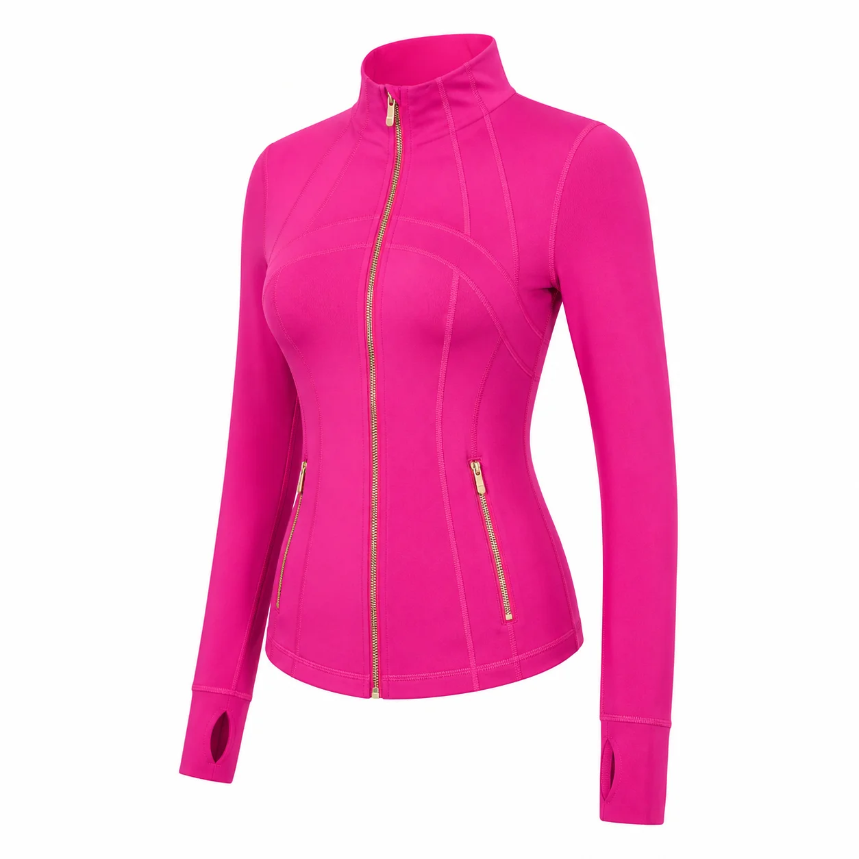 Women's Hot Pink Slim Fit Full Zip Sports Jacket Stand Collar Long Sleeve Thumbhole Workout Running Yoga Outerwear