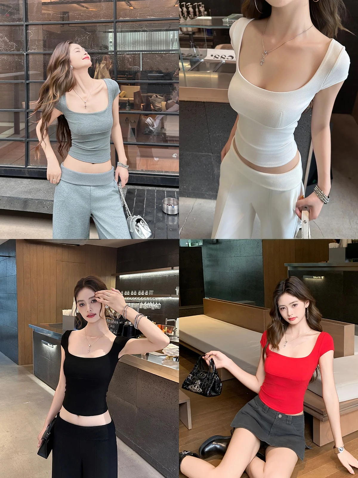 Slim Fit Short Sleeve T-Shirt Women's Summer Sexy Short Style Square Collar Tight Body Shaping Base Top by Guaili Sauce