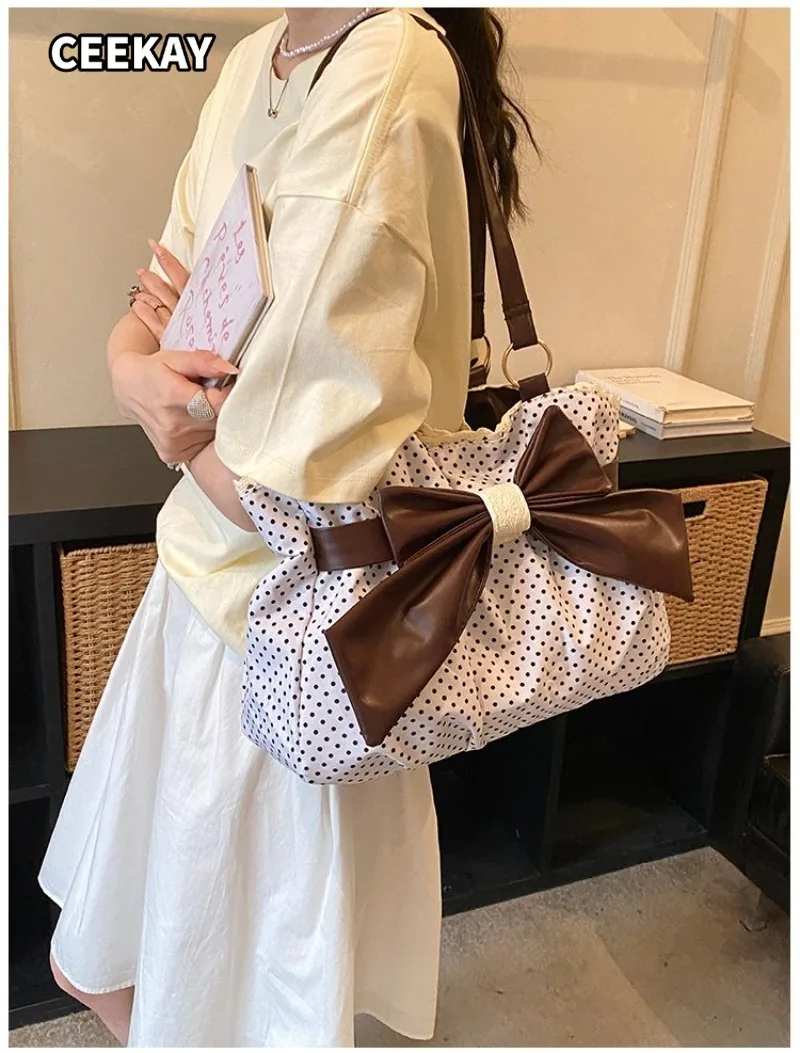 CEEKAY Women's Tote Bag White Polka Dot Canvas Large Bow Detail Shoulder Handbag Zipper Daily Commute Casual Fashion image 4