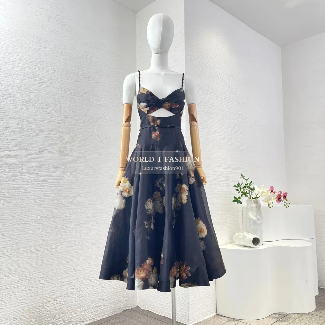 

2025 New Woman Clothes Black New High Quality Linen Silk Women Strapless Spaghetti Midi Party Dress