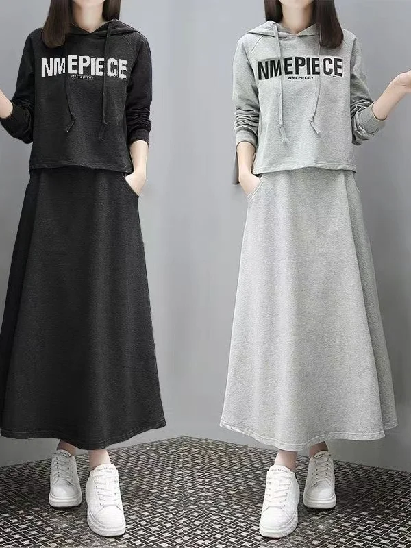 

Slimming plus Size Women's Faionable Thin Set Autumn Spring High Waist A-Line Skirt Hoodie Top Bot Cover Belly Two-Piec...