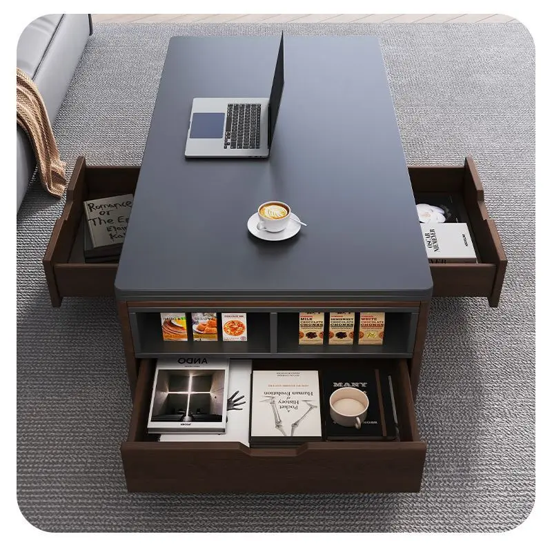 Slate lifting coffee table household dual-purpose mobile solid wood dining table integrated three-in-one small apartment