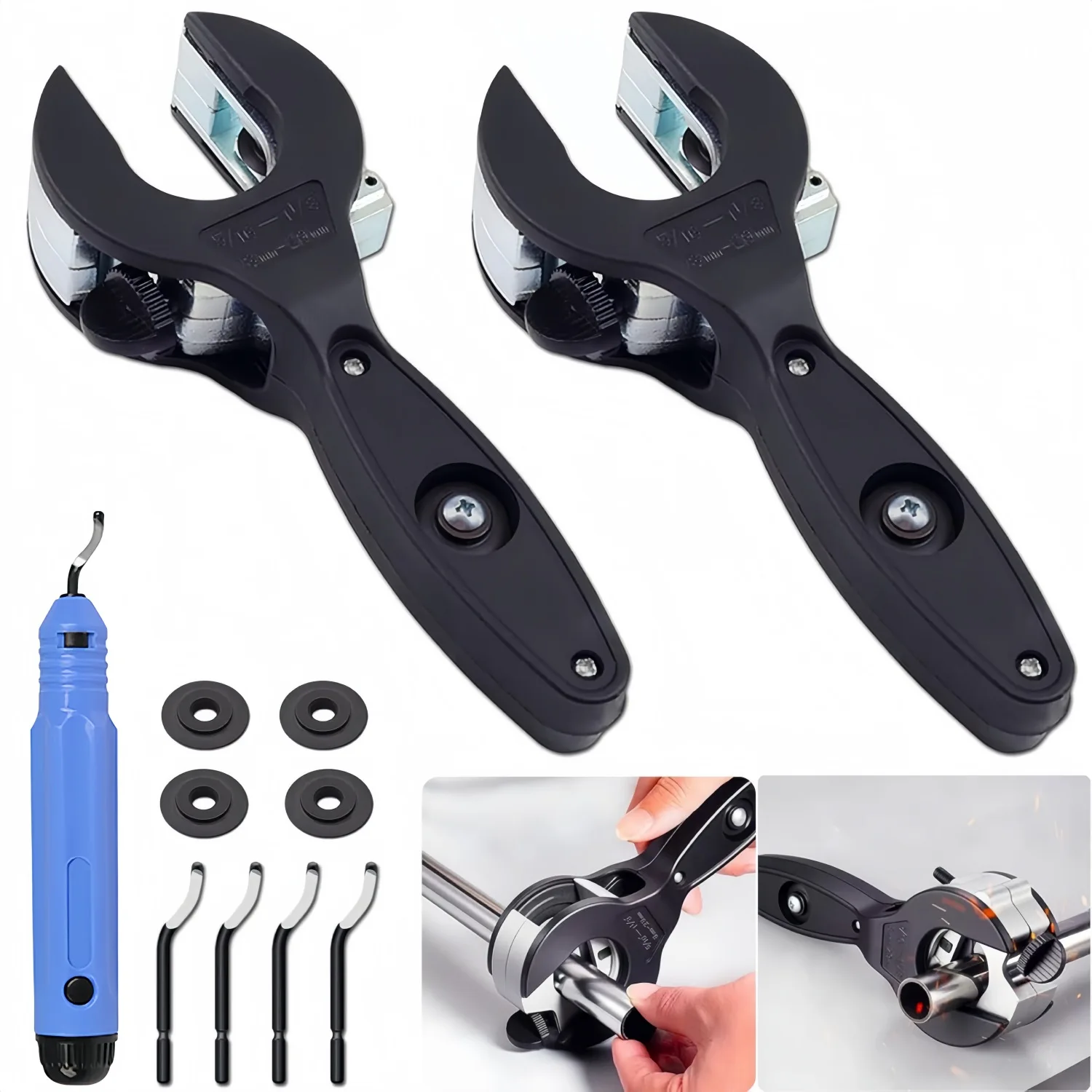 2PCS Ratcheting Tubing Cutters 1/4' to 7/8' & 5/16' to 1 1/8' 2 in 1-360° Close Quarters Tube Compact Cutter with Deburring Tool