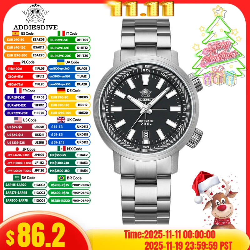 

ADDIESDIVE Men Watch Luxury 20Bar Waterproof BGW9 Super Luminous Japanese AD2093 8215 Sapphire Grass Automatic Mechanical Watch