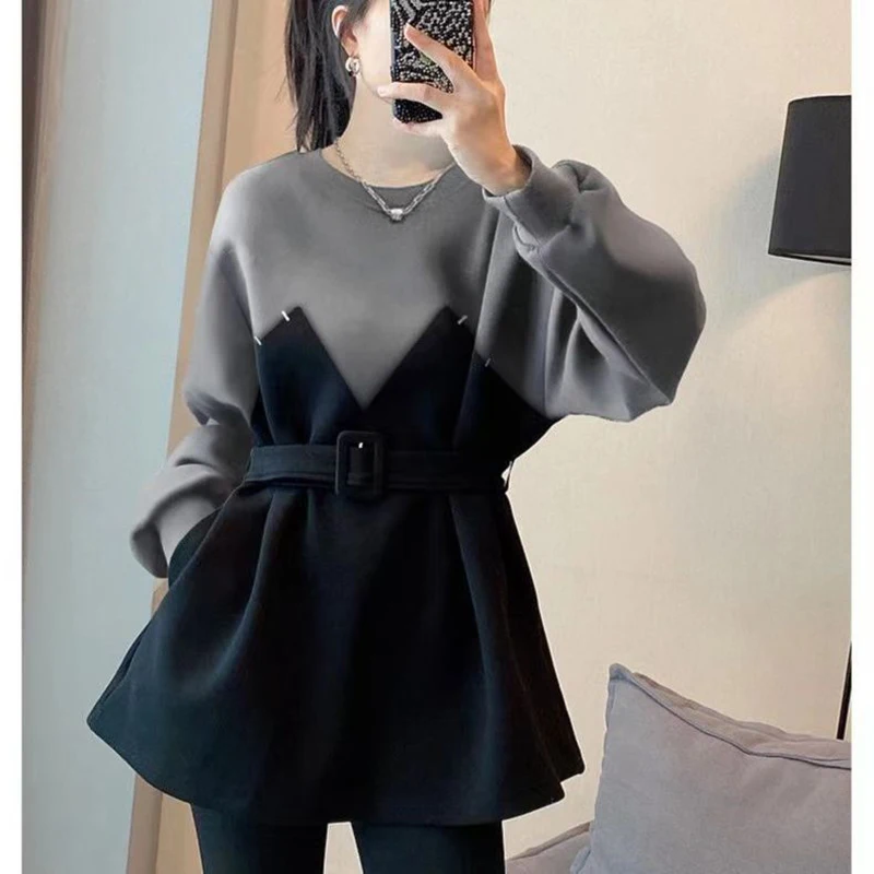Fake Two Piece Belted Tunic Round Neck Long Sleeve Top Women Spring Fall Tshirt New Fashion Harajuku Oversized Patchwork Clothes