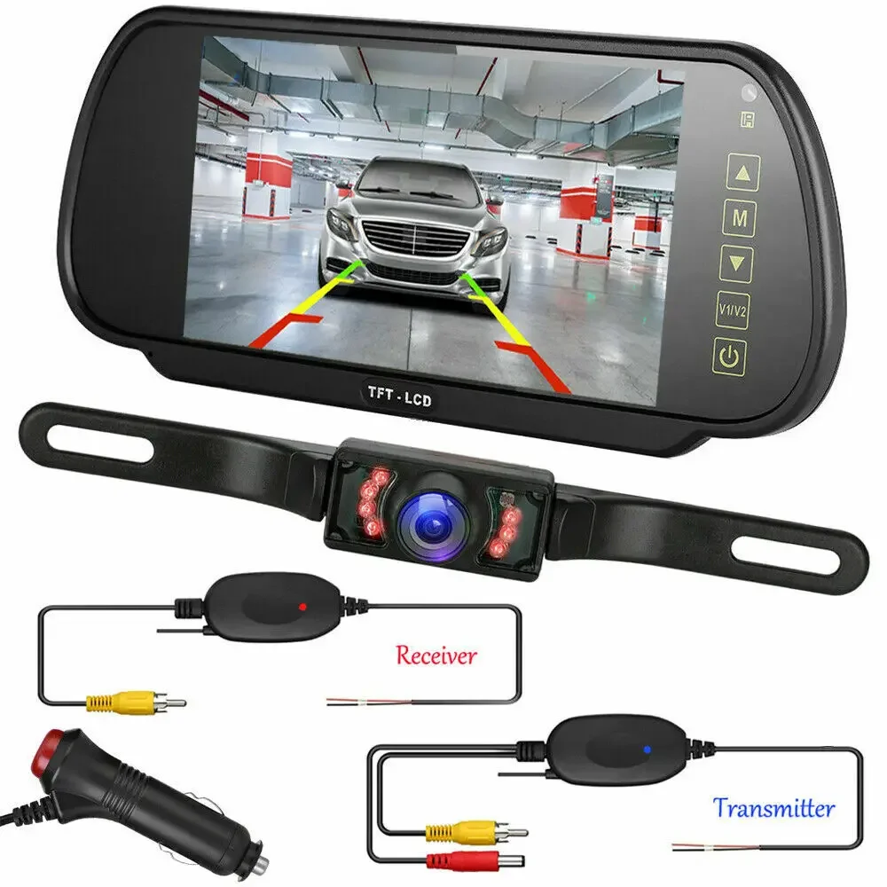 

QueenDer 7" Rear View Monitor Mirror Wireless Reverse Backup Camera Kit For Car Truck Van