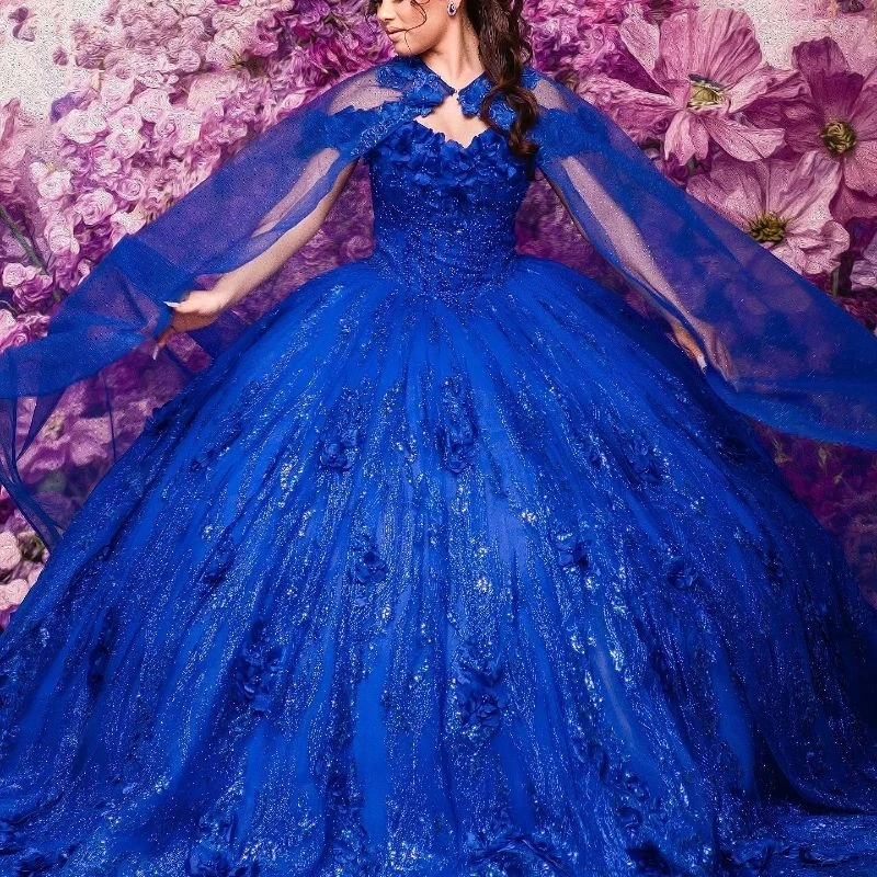 

Royal Blue Shiny Quinceanera Dresses Ball Gown With Cape 3D Flower Sequin Lace Appliques Beads Tull Sweet 16 Dress Vestidos De