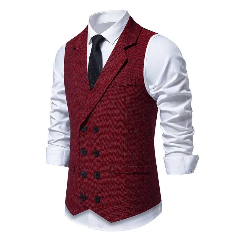 New Men\'s Smart Casual Suit Vests Vintage Solid Color Double Breasted Turn Down Collar England Style Waistcoat Men Slim Fit Vest