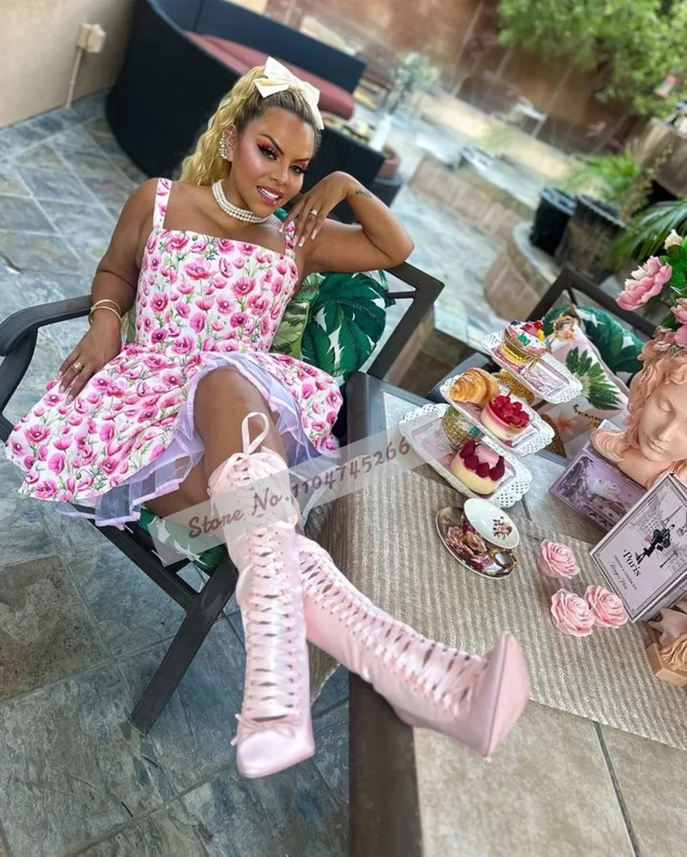 

Pink Satin Fabric Mid-Calf Boots Stiletto Heels Ribband Cross Tied Pointed Toe Middle Boots Elegant Butterfly-Knot Dress Shoes