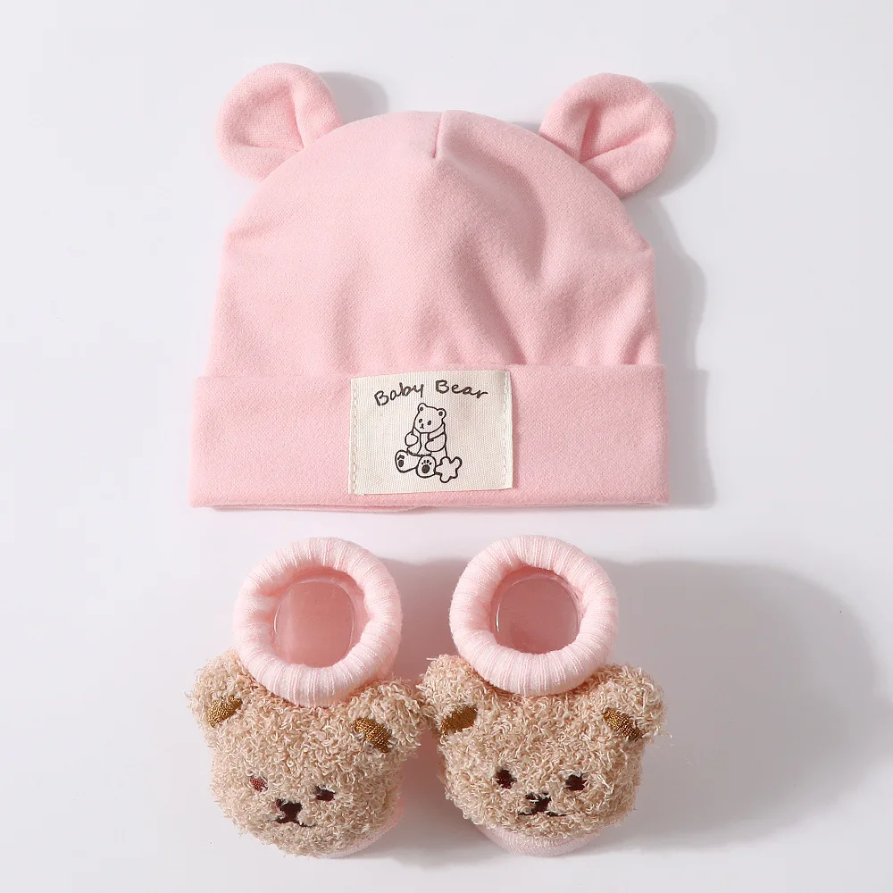 2-teiliges Set aus Bärenohren-Baby-Mütze und Stricksocken, Baumwolle, Neugeborenen-Kopftuch, Mützen, Herbst-Winter-Warm-Kinder-Pullover-Mütze, Baby-Accessoires – Detail 12