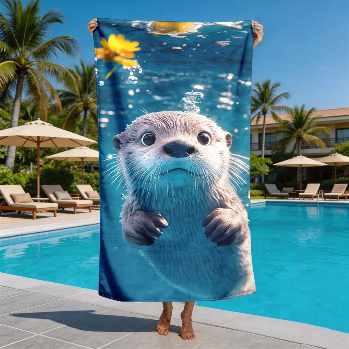 Underwater Otter Little Flower Theme polyester microfiber beach towel is highly absorbent, suitable for swimming beach outings