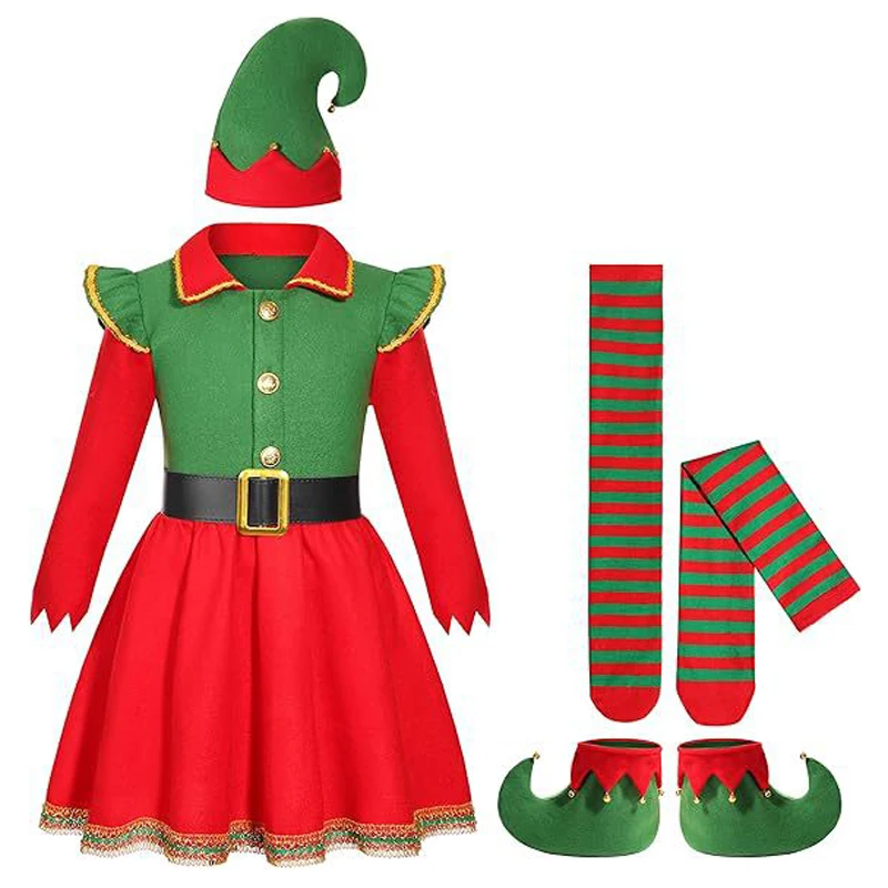 

Christmas Teen Girls Dress Santa Claus Dress Up+Hat+Socks+Shoe 4Pcs Suit For 4-12 Years Boys Christmas Carnival Party Costume