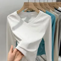 AOSSVIAO 2025 Basic V-Neck Slim T Shirt Women Solid Versatile Trend Long Sleeve Top Summer Pleated Waist Slimming Base T-Shirt