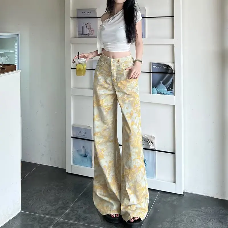 

Женские джинсы с высокой талией и принтом тай-дай, летние широкие брюки, свободные прямые брюки, брюки в пол
