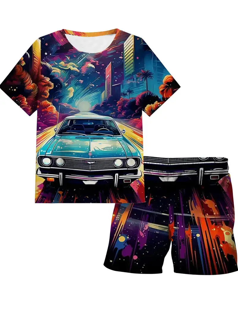 Boys Sports T-shirt Set Fashion 3D Off Road Cycling Car Print Men's Casual Sport Suit Summer Outdoor T-shirt+Shorts 2PCS Outfits