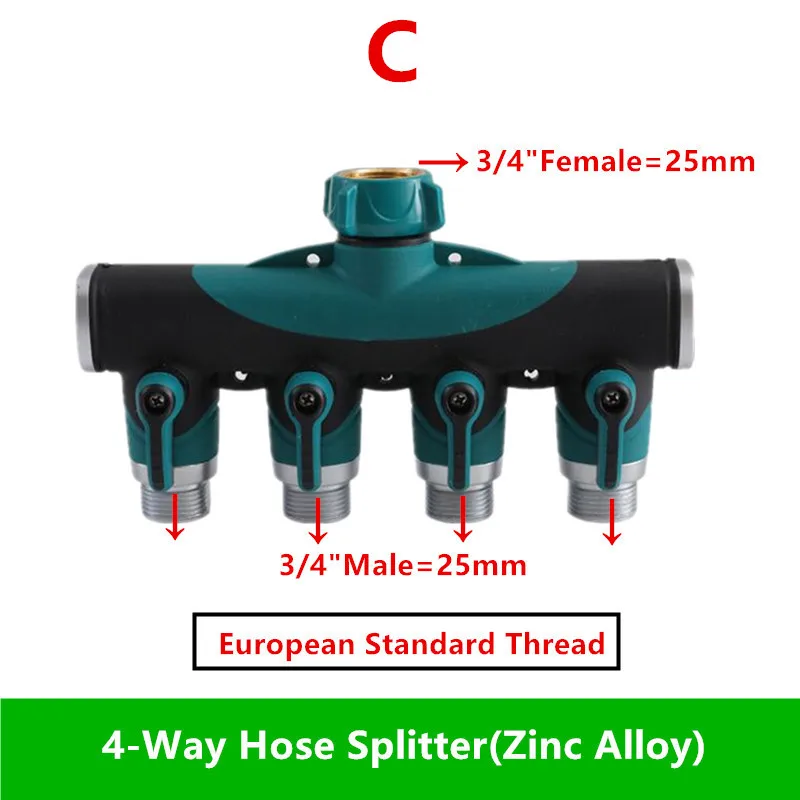 Divisor de manguera de latón de 4 vías, separador de agua con conexión tipo Y, pistola de riego automática para jardín