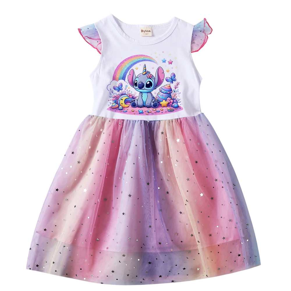 Stitch Girl Dress bambini Disney Kawaii Print Dresses Princess Cartoons abbigliamento Casual ragazze garza Flying Sleeve Kid Baby Gifts