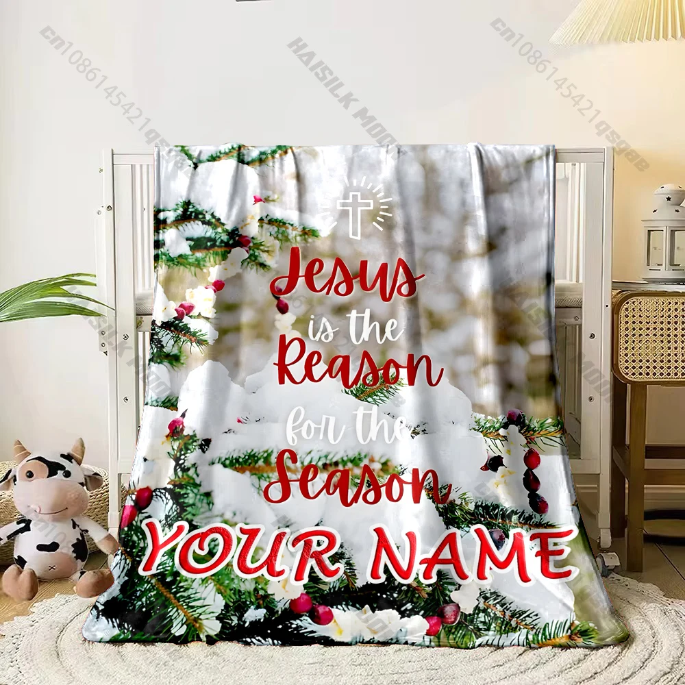 Custom Name Religious Christmas Blanket Jesus Cross Winter Snow Pine Flannel Throw Blanket Christian Family Xmas Gift