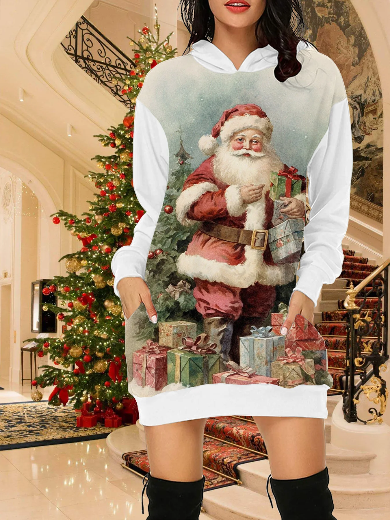 New In Women\'s Christmas Hoodies&Sweatshirts Fall & Winter Clothing Santa Claus Print Long Sleeve Hooded Sweatshirt Short Dress