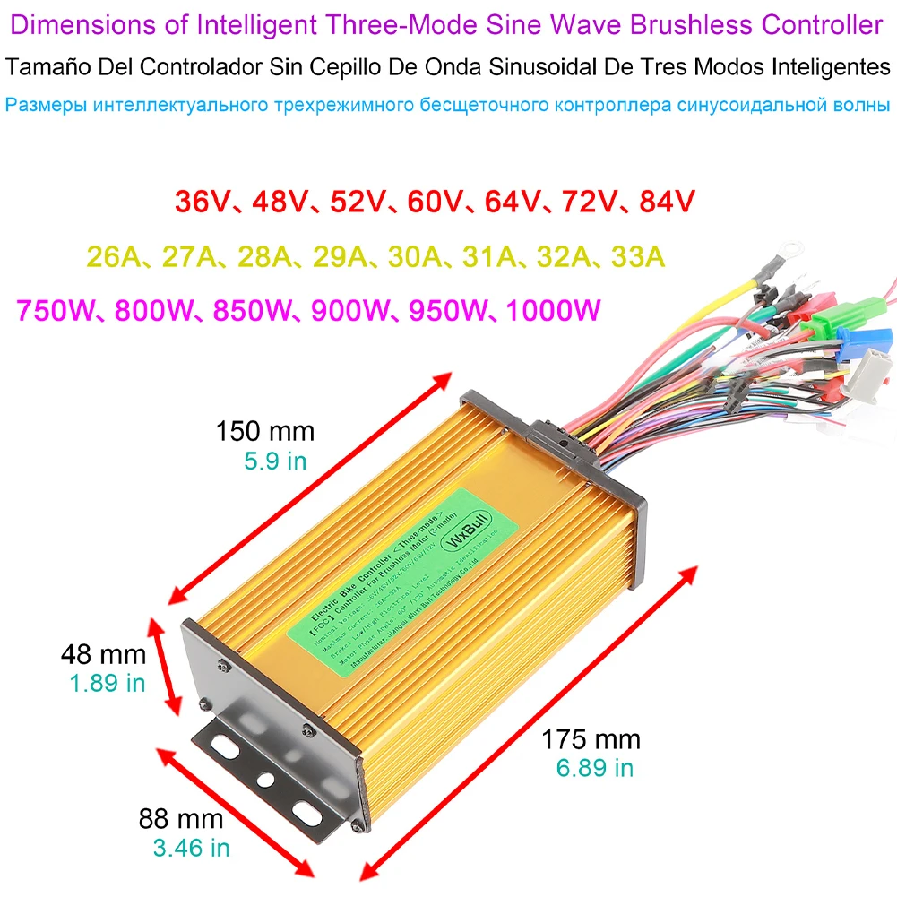 36V-84V Controller Intelligent Sine Wave Electric Cycling 175x88x48mm 12 MOS Technology Heat Dissipation Feature