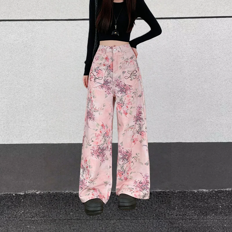 2025, Trend Y2K-Stil, Blumen, bedruckt, rosa Baggy-Damenjeans, Hosen, Damenbekleidung, koreanische lässige Baumwolle, lange Hosen, Ropa Mujer