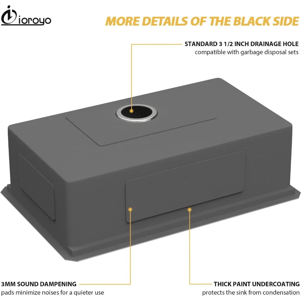 Évier de cuisine monocotole sous plan 33 x 19 en acier inoxydable T304 calibre 16 par IOROYO