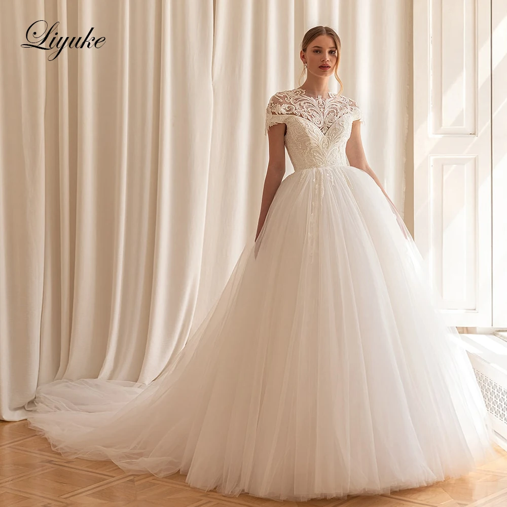 Liyuke Elegant Tulle A-Line Bride Dress Beading Embroidery Lace Off The Shoulder Wedding Gowns With Removable Jacket