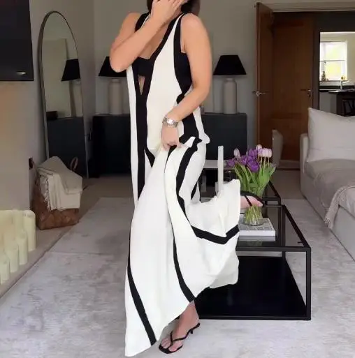 

Women's Summer Sexy V-Neck Contrasting Casual Dress Female Daily Clothing 2025 New Style Woman Fashion Loose A-Line Dresses
