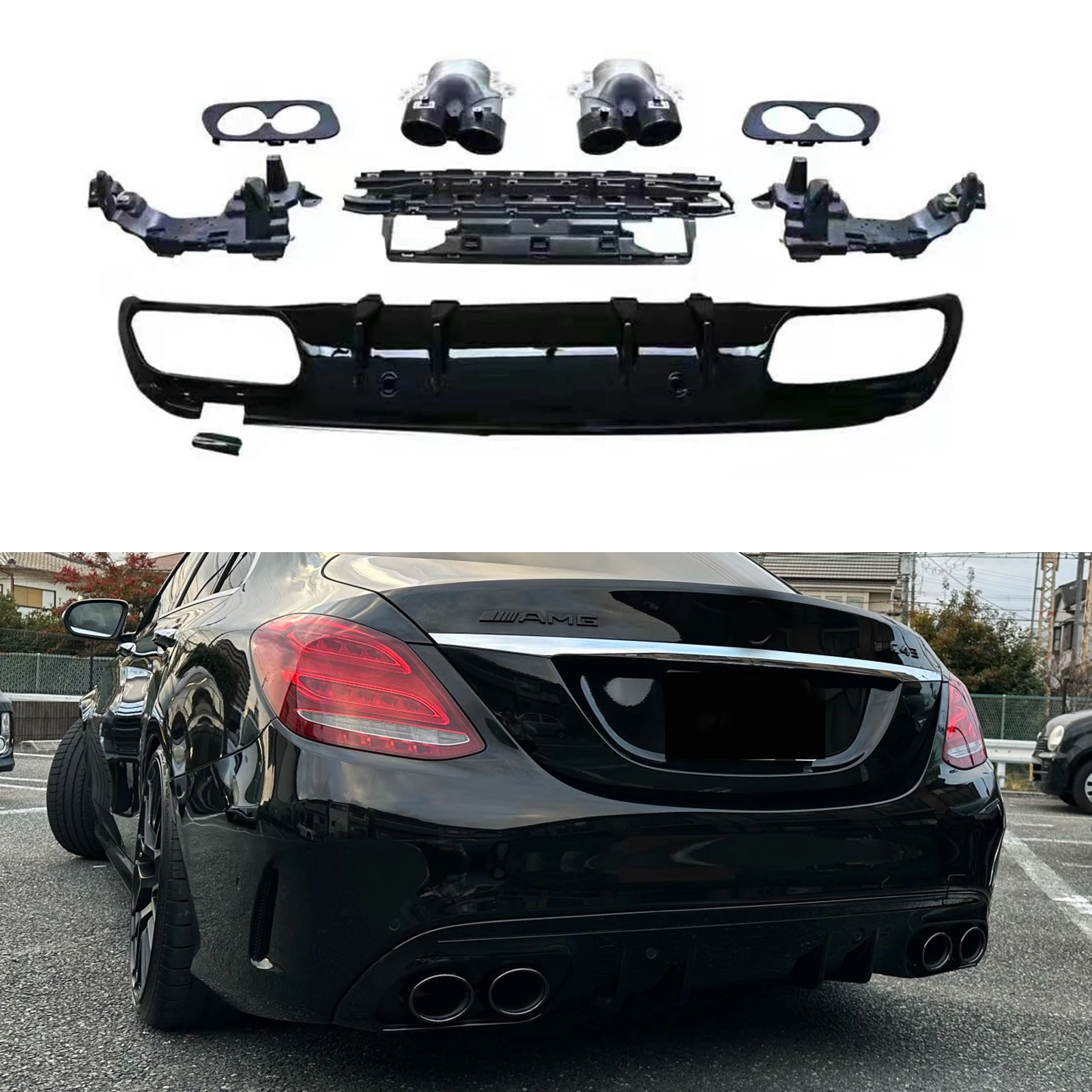 C43-Stil Heckstoßstangen-Diffusorlippe + schwarzes Auspuffrohr-Bodykit für Mercedes-Benz W205 C-Klasse AMG Limousine 4-Türer 2015–2021