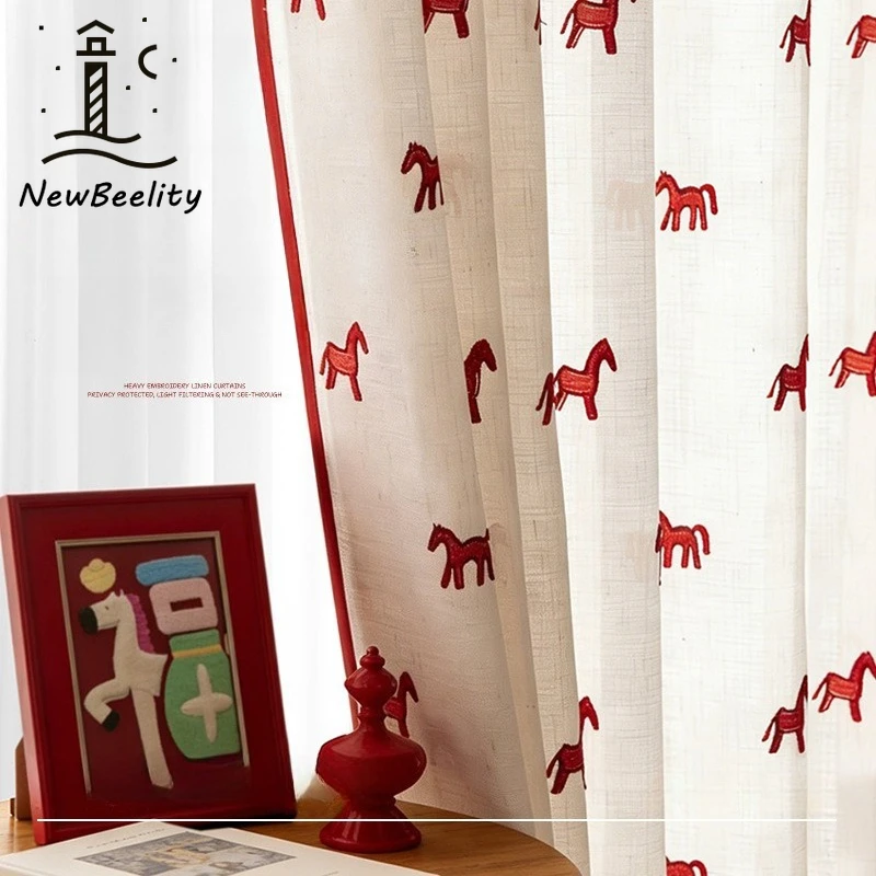 Baumwoll-Leinen-Tüll mit gesticktem Pony-Cartoon-Vorhang für Kinderzimmer, geeignet für Jungen- und Mädchenschlafzimmer, individuelle Größe.