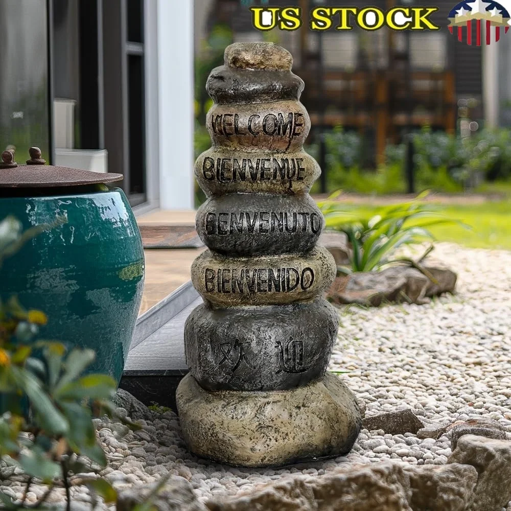 

32.2 Inch Concrete Stacked Stone Garden Statue Indoor Outdoor Home Decoration Durable Weather Resistant Gift Garden Decor