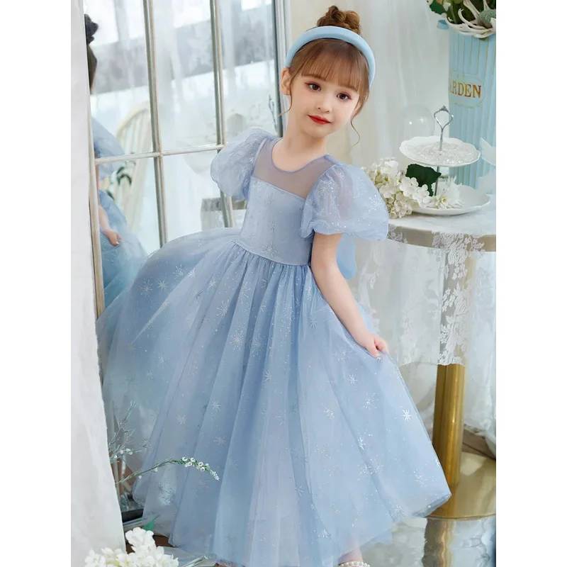 ใหม่ Elsa Light Blue Elegant ชุดเจ้าหญิงโบว์ใหญ่เด็กผู้หญิงเงาชุดผ้าพันคอสําหรับ Grand อย่างเป็นทางการพิธีวันเกิด Carnival Party