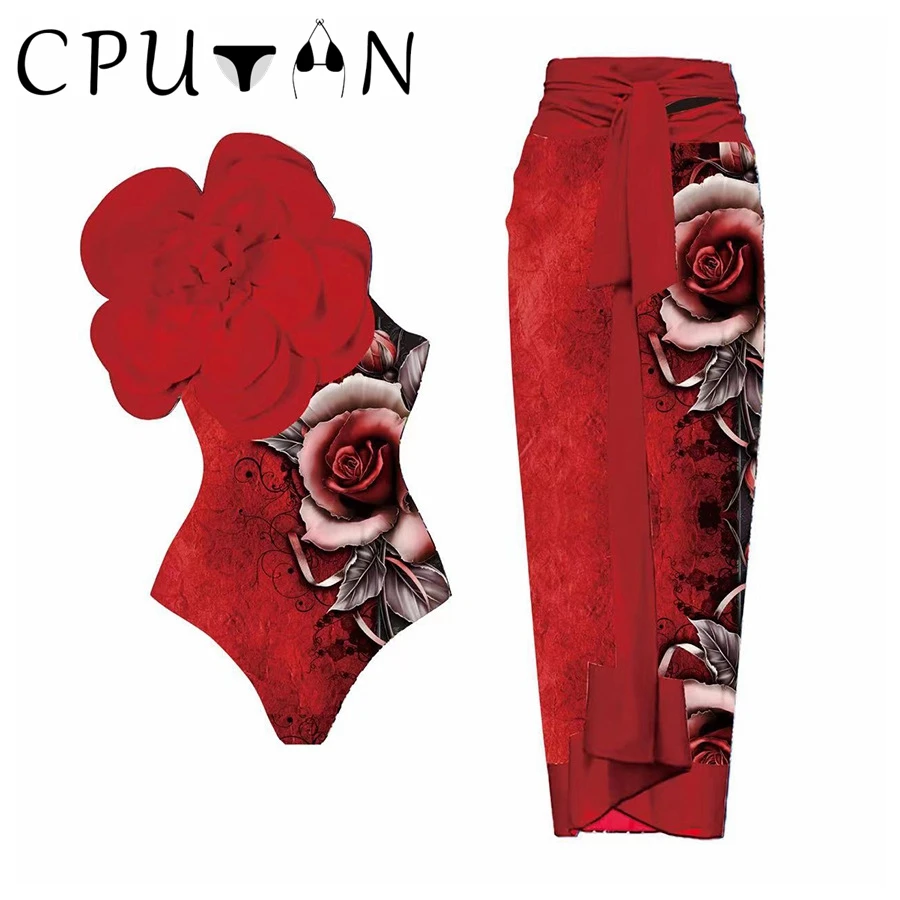 CPUTAN-Bikini rouge sexy à fleurs 3D pour femme, maillot de bain une pièce, jupe, robe de plage d'été, monokini, baigné, nouveau, 2024