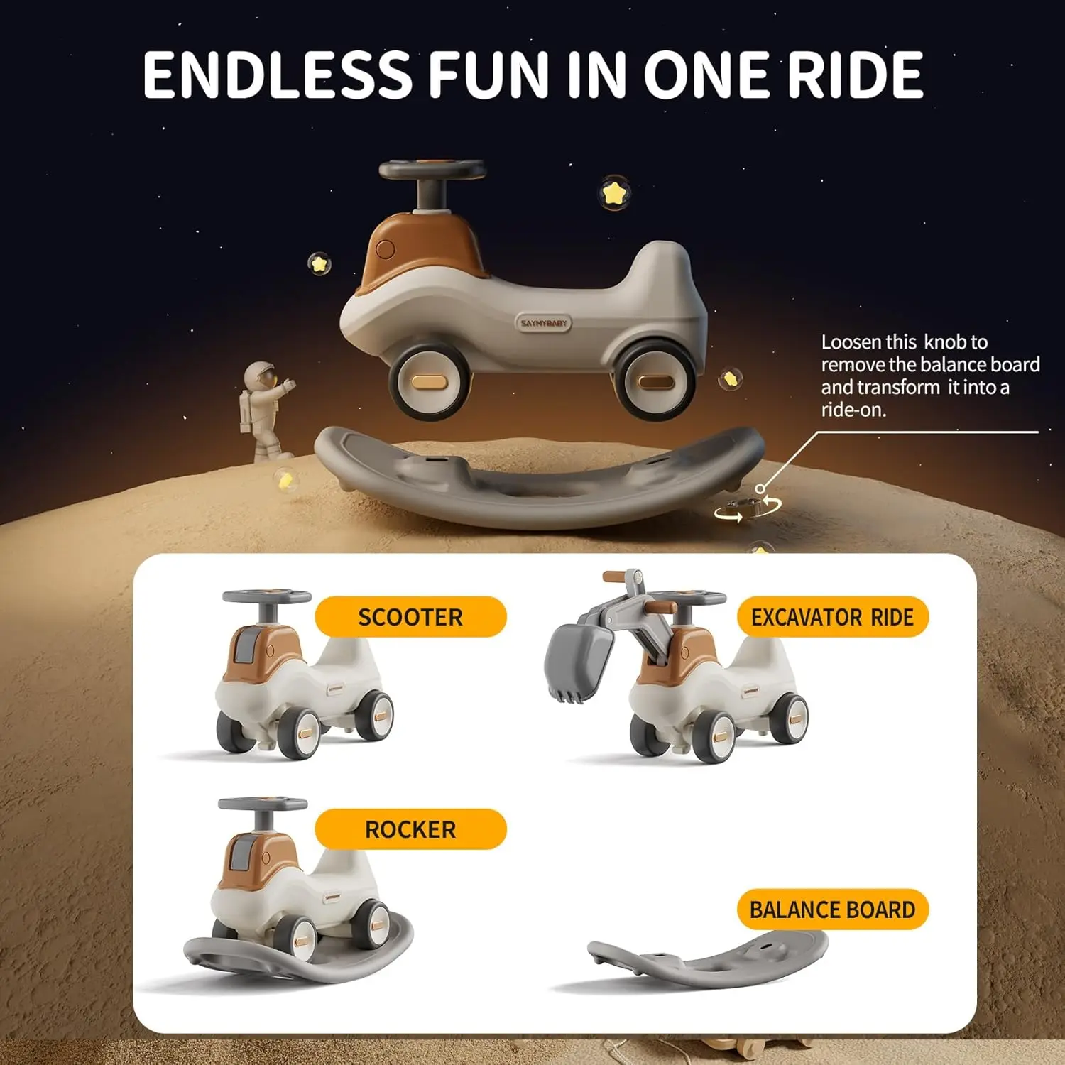 4-w-1 koparka Rocker n Ride, rowerek biegowy dziecięcy do jazdy z odczepianym Balance Board, fotel bujany dla malucha, ruchomym ramieniem,