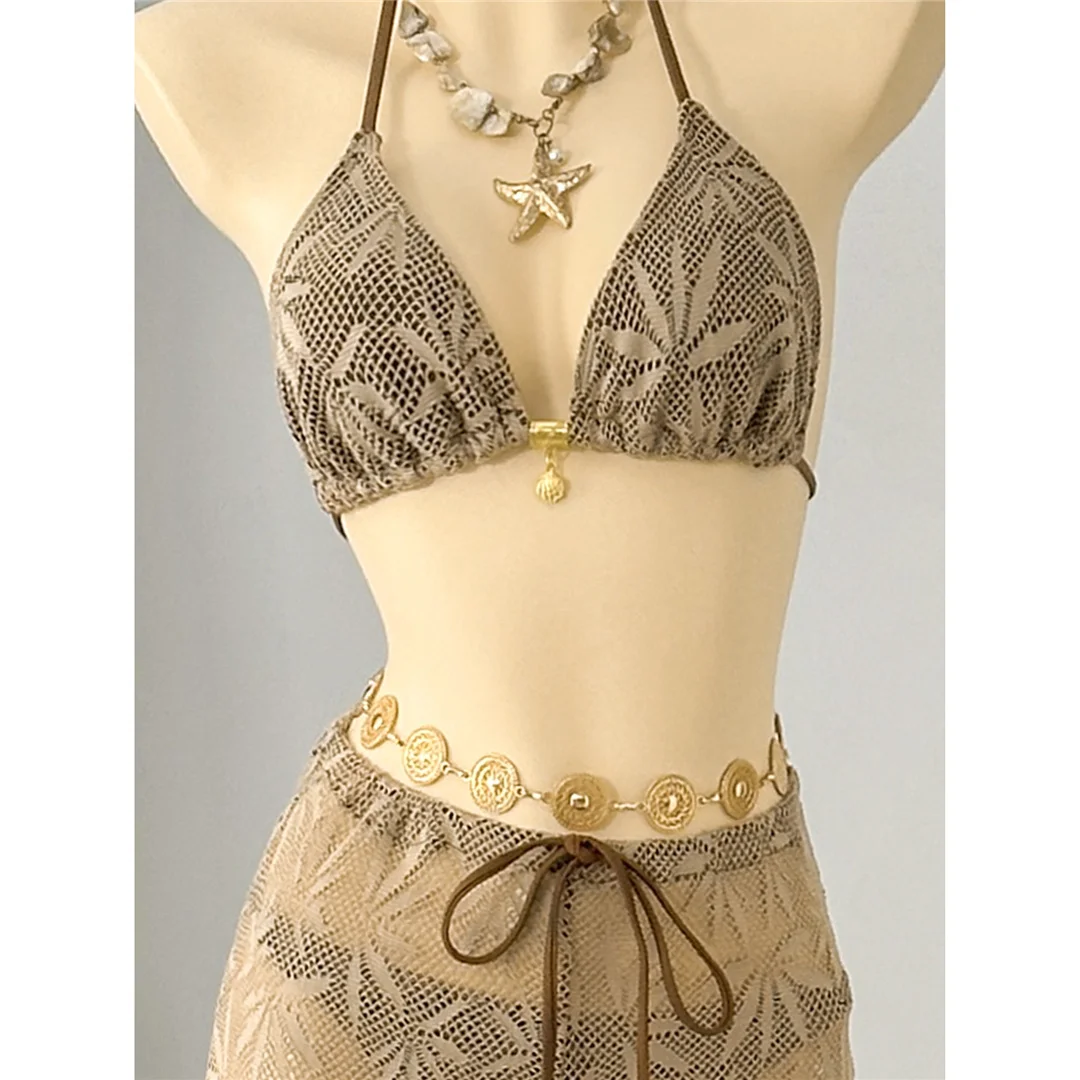 Mit Hosen, Blättern und Halterneck-Bikini, Damen-Badeanzug, dreiteiliges Bikini-Set, Badebekleidung, Badeanzug, Schwimmanzug V8164 – Detail 7
