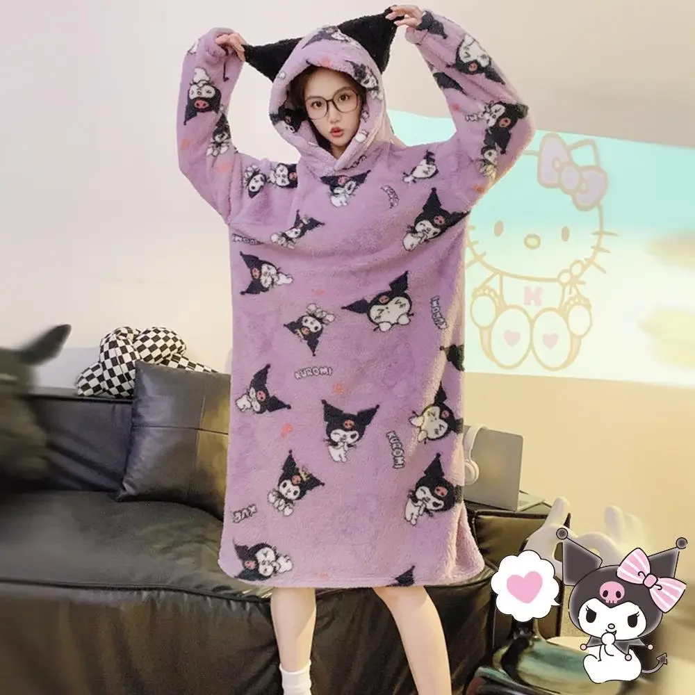 Cartoon Kuromi Hello Kitty Women Plush Nightgown Sanrioed Anime Kawaii Coral Fleece Hooded Nightdress Thicken Girls Nightgown