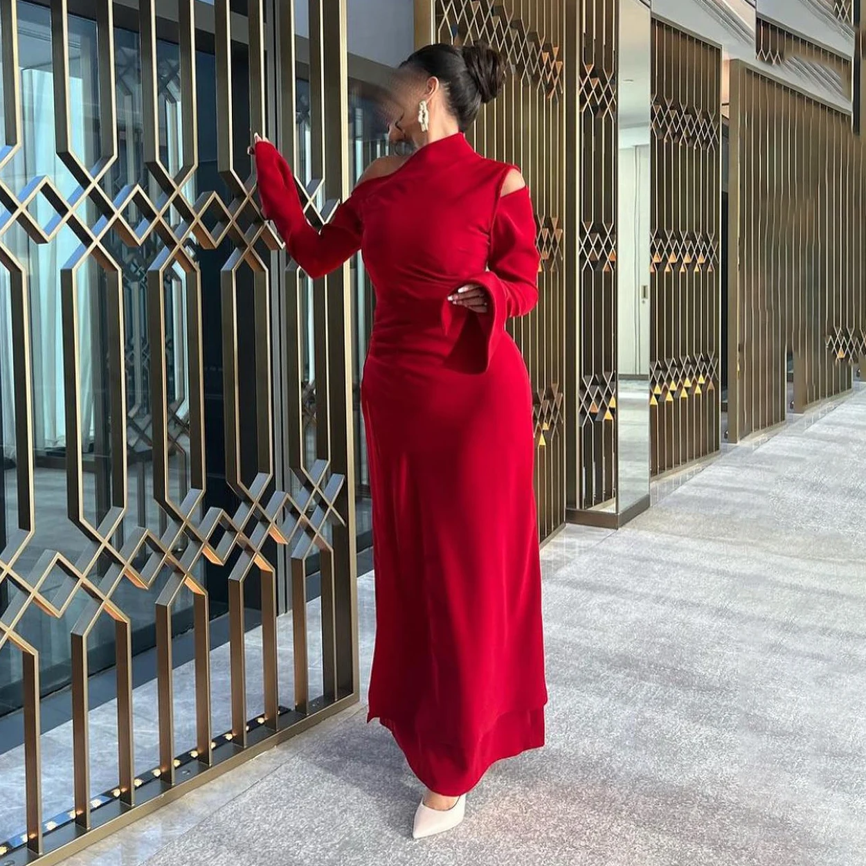 

OEING High Luxury Formal Evening Dress Satin Red Pleat Long Sleeves فساتين سهرة Ankle Length Elegant Prom Growns Party Women