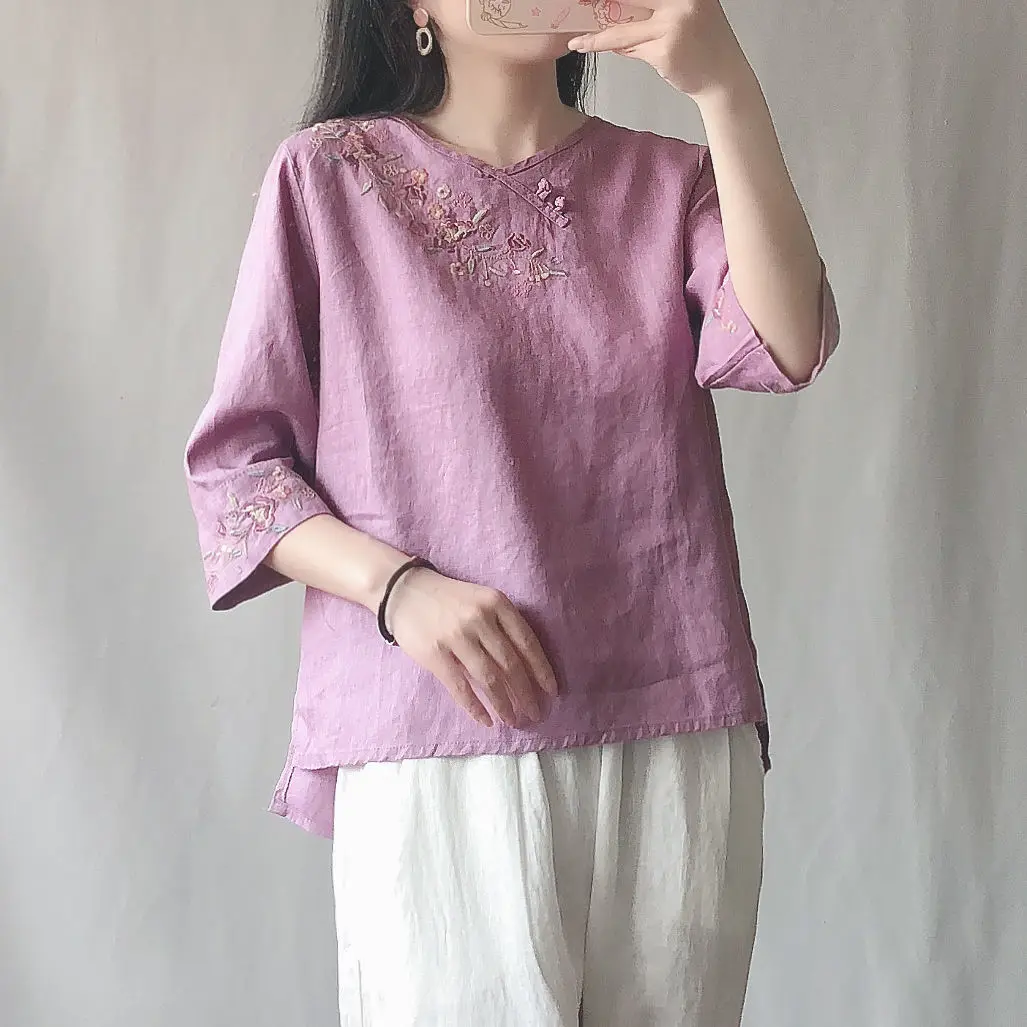 

Women's Cotton Linen Chinese Style Embroidered Short Sleeve Shirt 2026 Female Stand Collar Tea Clothing Vintage Women Hanfu Tops